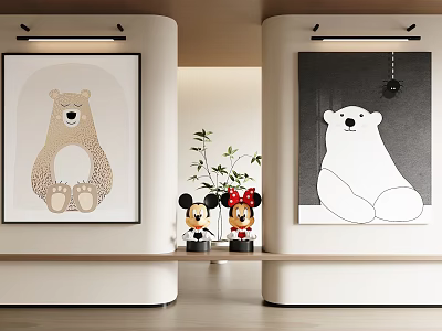 Adorable Bear And Polar Bear Animal Paintings Hanging On Wall In Modern Interior 3d model