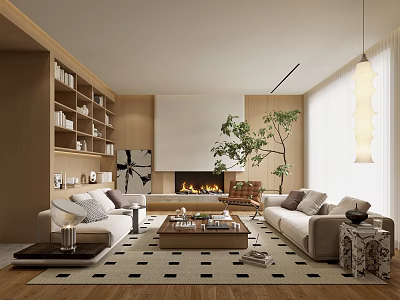 Modern Living Room With Wooden Bookshelves Fireplace Beige Sofas Green Plant And Pendant Light Rug 3d model