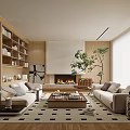 Modern Living Room With Wooden Bookshelves Fireplace Beige Sofas Green Plant And Pendant Light Rug