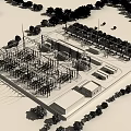 Aerial View of Industrial Plant With Green Fields Trees Equipment Pipelines and Building Layout