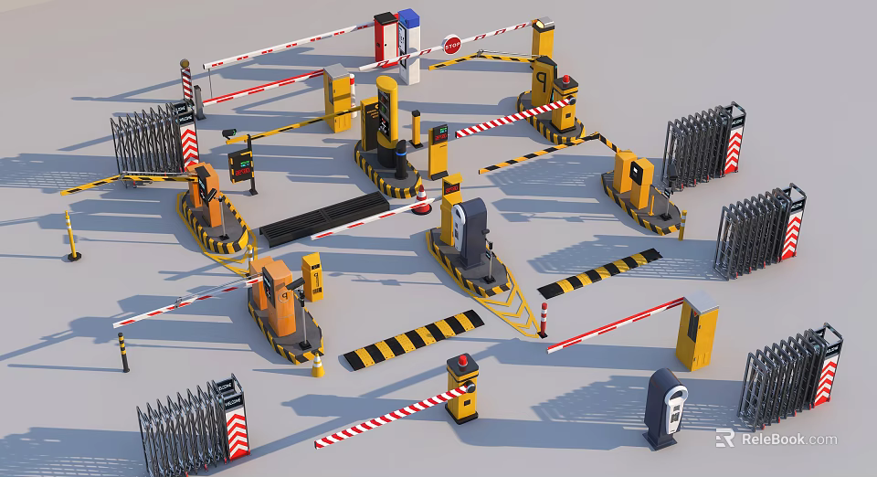 Yellow Black Barrier Gates And Access Control Equipment With Metal Gates And Warning Stripes 3d model 