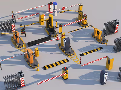 Yellow Black Barrier Gates And Access Control Equipment With Metal Gates And Warning Stripes 3d model