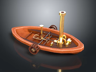 Playful Cartoon Scene With Cute Steamboat Brown Hull Golden Machinery And Small Wheels 3d model