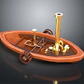 Playful Cartoon Scene With Cute Steamboat Brown Hull Golden Machinery And Small Wheels