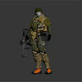 Game Movie Character Wearing Green Helmet and Yellow Armor Holding Weapon Standing on White Platform