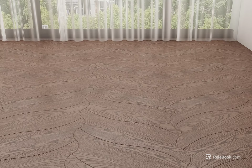 Wooden Flooring With Unique Pattern In Bright Room With Curtains 3d model 