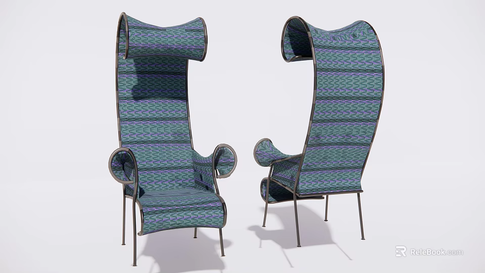 Outdoor Chairs With Unique Design Metal Frame And Blue Green Striped Pattern 3d model
