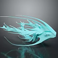 Light Blue Mythical Creature Head With Long Feathery Fins Artistic 3D Model Dark Background Reflection