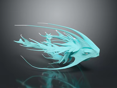 Light Blue Mythical Creature Head With Long Feathery Fins Artistic 3D Model Dark Background Reflection 3d model