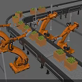 Orange Robotic Arms Handling Green Plant Pots On Automated Conveyor Belt System