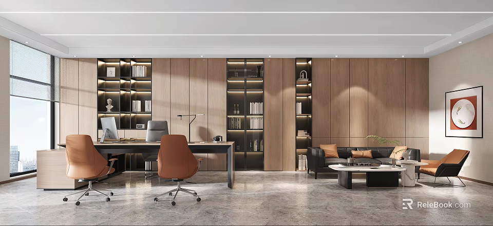 Modern Office Interior With Wooden Walls Bookshelves Desk Orange Chairs And Sofa 3d model 