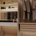 Modern Walk in Closet Interior With Wooden Cabinets Hanging Clothes And Central Vanity