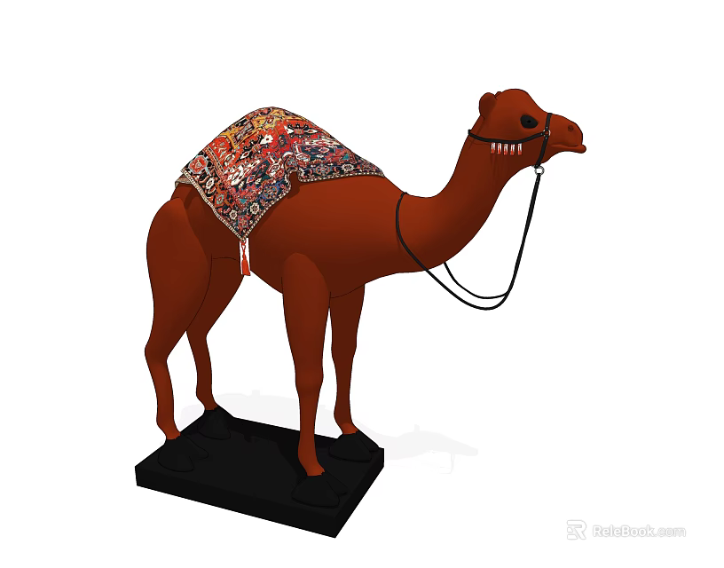 Brown Camel Decorative Ornament Set With Colorful Patterned Blanket And Black Base 3d model 