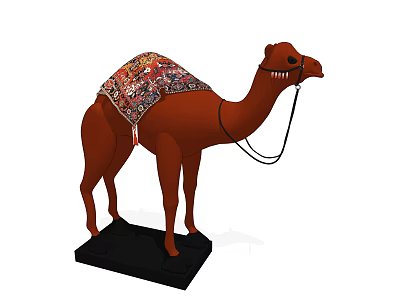 Brown Camel Decorative Ornament Set With Colorful Patterned Blanket And Black Base 3d model