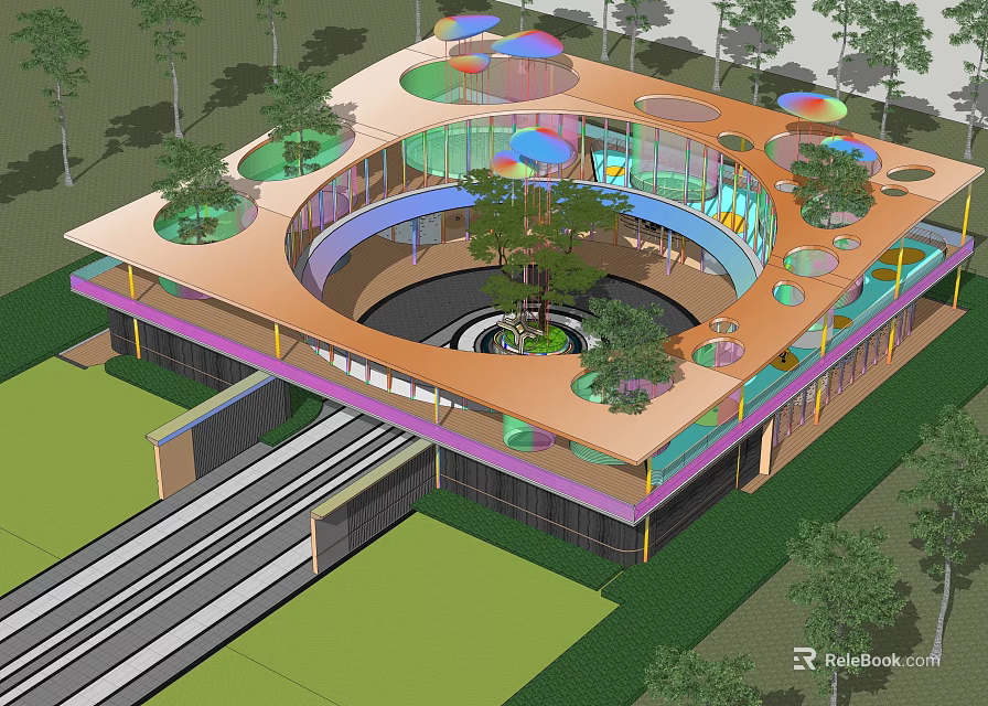 Modern Circular Pergola With Colorful Multi Level Design And Surrounding Greenery 3d model 