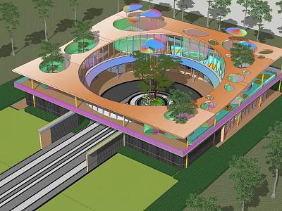 Modern Circular Pergola With Colorful Multi Level Design And Surrounding Greenery 3d model