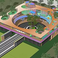 Modern Circular Pergola With Colorful Multi Level Design And Surrounding Greenery
