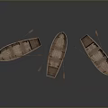 Three Wooden Boats With Oars On Shiny Surface Against Dark Background