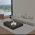 Modern Beige Sofa And Coffee Table Set With Lake View Striped Rug And Wooden Floor