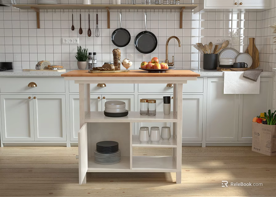 Bright Kitchen Interior With Hanging Utensils Wooden Island Counter And White Cabinets 3d model 