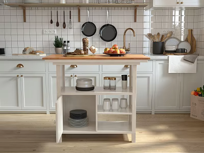 Bright Kitchen Interior With Hanging Utensils Wooden Island Counter And White Cabinets 3d model