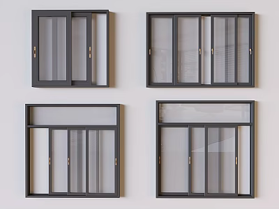 Various Styles Of Windows With Dark Frames Glass And Screens 3d model