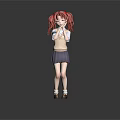 Anime Character With Red Pigtails White Top Dark Blue Skirt And Hands Covering Mouth