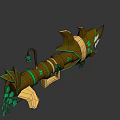 Game Movie Character Shark Themed Weapon With Gold And Green Spiked Teeth And Ornate Vines