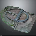 Antique Stone Mill With Circular Grinding Disc Metal Frame And Mossy Base