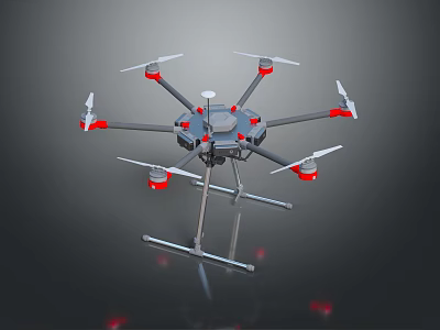 Multi Rotor Drone With Gray Body Red Propellers And Landing Gear On Dark Background 3d model