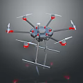 Multi Rotor Drone With Gray Body Red Propellers And Landing Gear On Dark Background