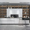 Modern Kitchen Interior Featuring White Cabinets Marble Island And Wooden Shelves