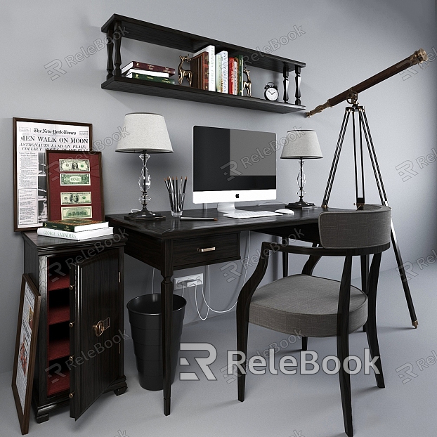 Modern Office Modern Office Office Space Desk Computer Desk Lamp Telescope Trash Can Decorative Painting Safe Pen Book Alarm Clock model