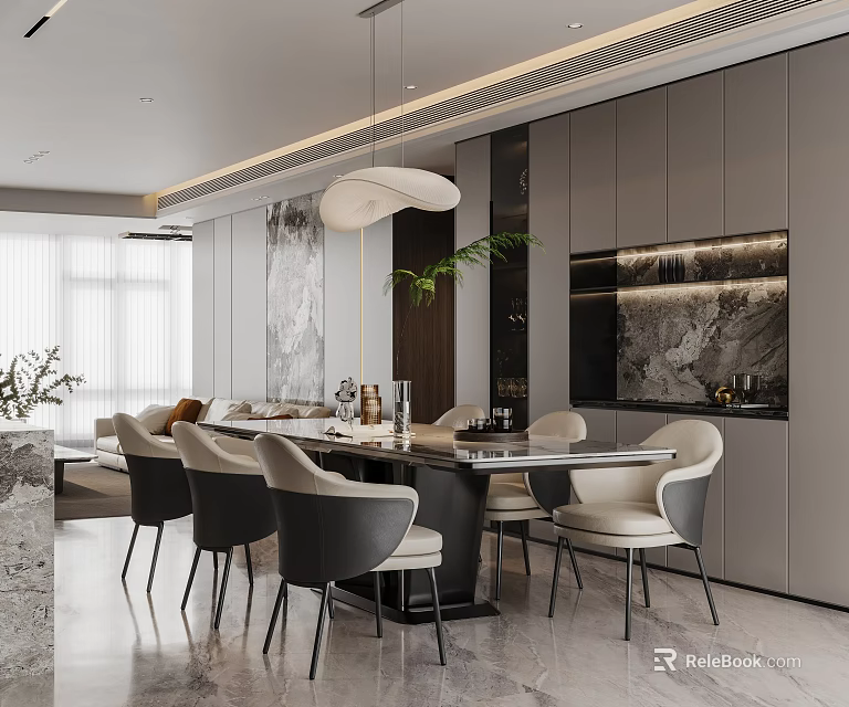 Modern Elegant Restaurant Interior With Marble Dining Table Chairs Pendant Light And Cabinets 3d model 