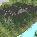 Traditional Homestay Building With Black Tile Roof Surrounding Trees Stone Path And Courtyard