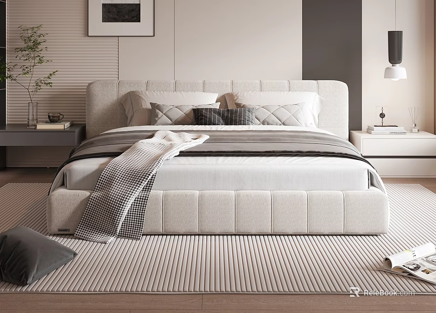 Modern Double Bed Interior With Soft Beige Headboard Pillows Gray Blanket And Striped Rug 3d model 
