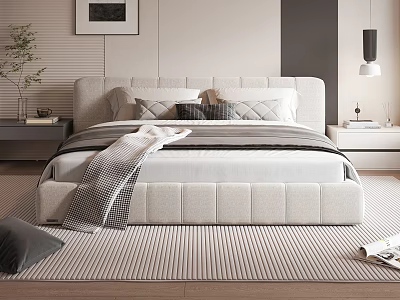 Modern Double Bed Interior With Soft Beige Headboard Pillows Gray Blanket And Striped Rug 3d model