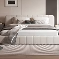 Modern Double Bed Interior With Soft Beige Headboard Pillows Gray Blanket And Striped Rug