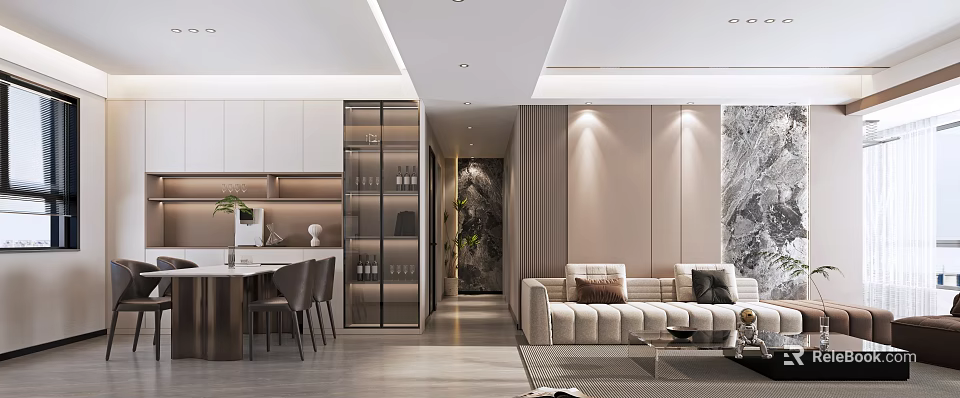 Modern Living And Dining Area Interior With Open Layout Sofa Dining Table And Cabinets 3d model