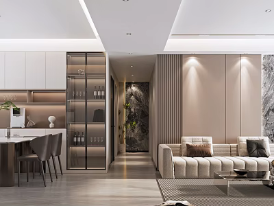 Modern Living And Dining Area Interior With Open Layout Sofa Dining Table And Cabinets 3d model