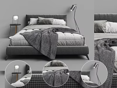 Modern Double Bed with Gray Blanket Pillows Side Nightstand and Floor Lamp in Minimalist Bedroom 3d model