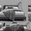 Modern Double Bed with Gray Blanket Pillows Side Nightstand and Floor Lamp in Minimalist Bedroom