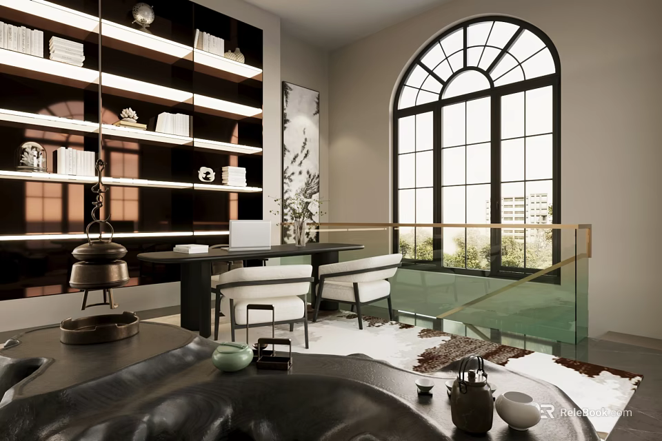 Spacious Study Room Interior With Arched Window Built in Bookshelves Leather Chair And Fur Rug 3d model 