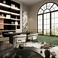 Spacious Study Room Interior With Arched Window Built in Bookshelves Leather Chair And Fur Rug
