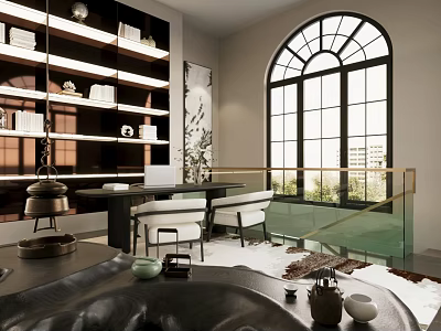 Spacious Study Room Interior With Arched Window Built in Bookshelves Leather Chair And Fur Rug 3d model