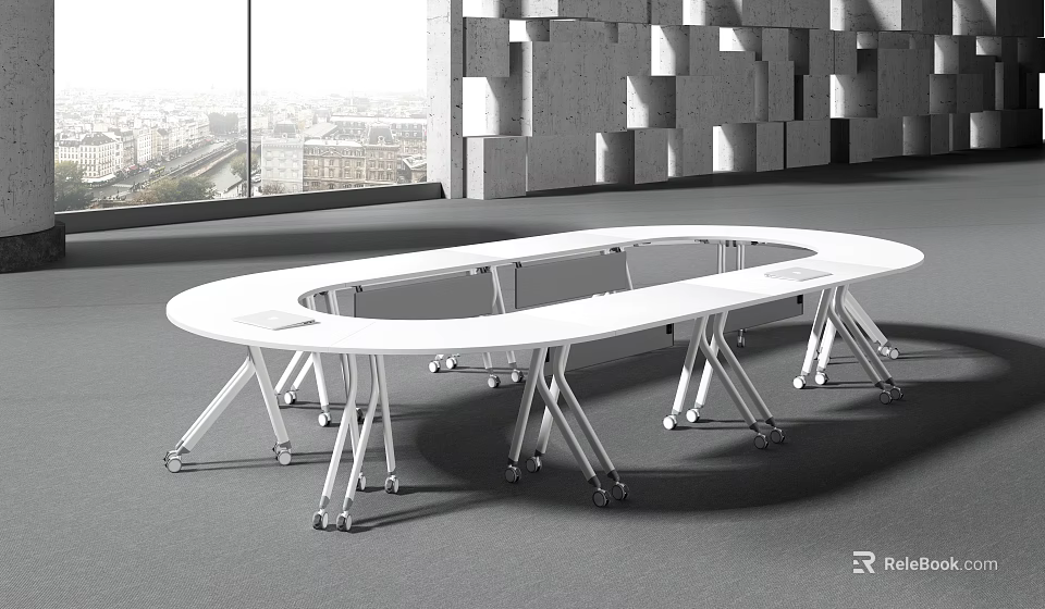White Oval Conference Table With Metal Frame And Wheels In Modern Office Space 3d model 