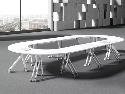 White Oval Conference Table With Metal Frame And Wheels In Modern Office Space 3d model