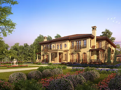 Classic European Style Detached Villa With Yellow Exterior Red Roof And Landscaped Garden 3d model