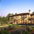 Classic European Style Detached Villa With Yellow Exterior Red Roof And Landscaped Garden