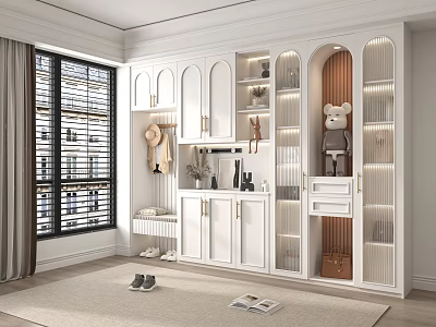Modern White Shoe Cabinet With Glass Doors LED Lighting And Clothing Hanging Area 3d model